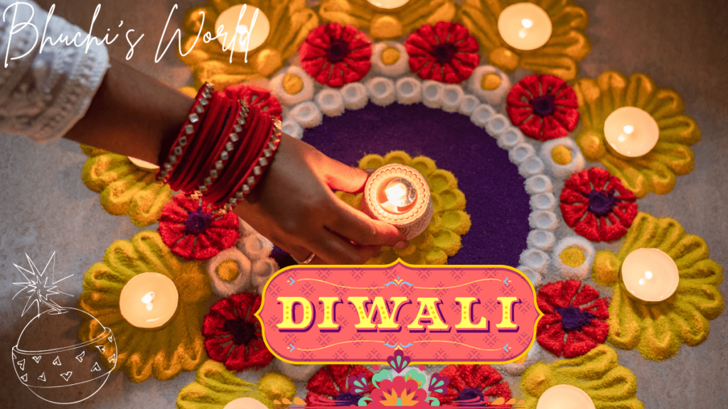 Celebrations of Diwali in India, including lights, decorations, and rituals