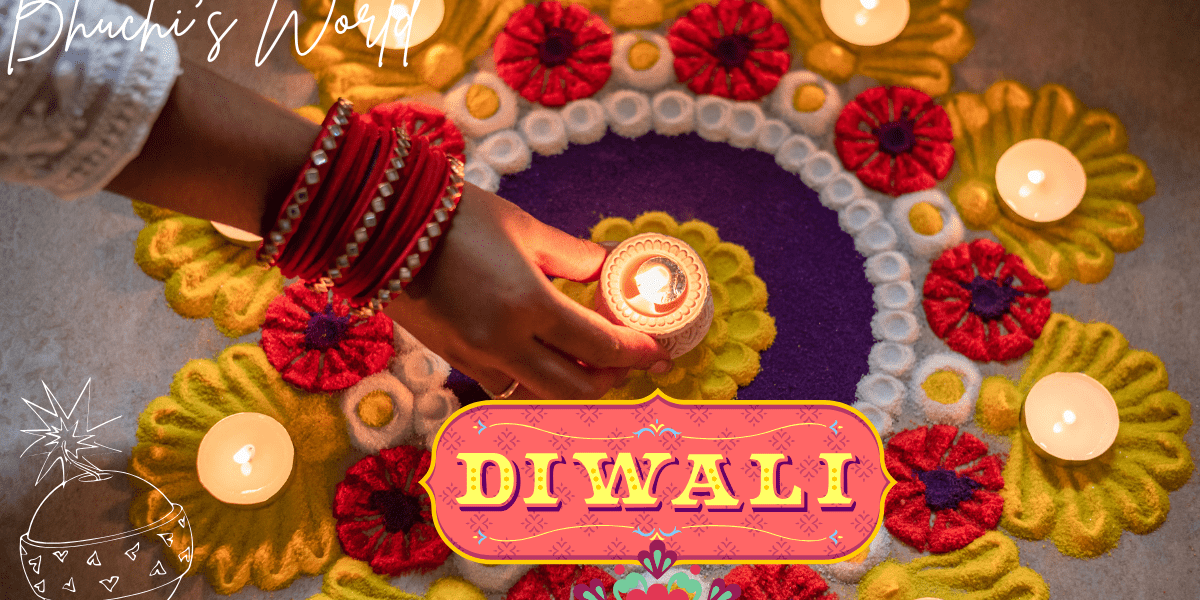 Celebrations of Diwali in India, including lights, decorations, and rituals