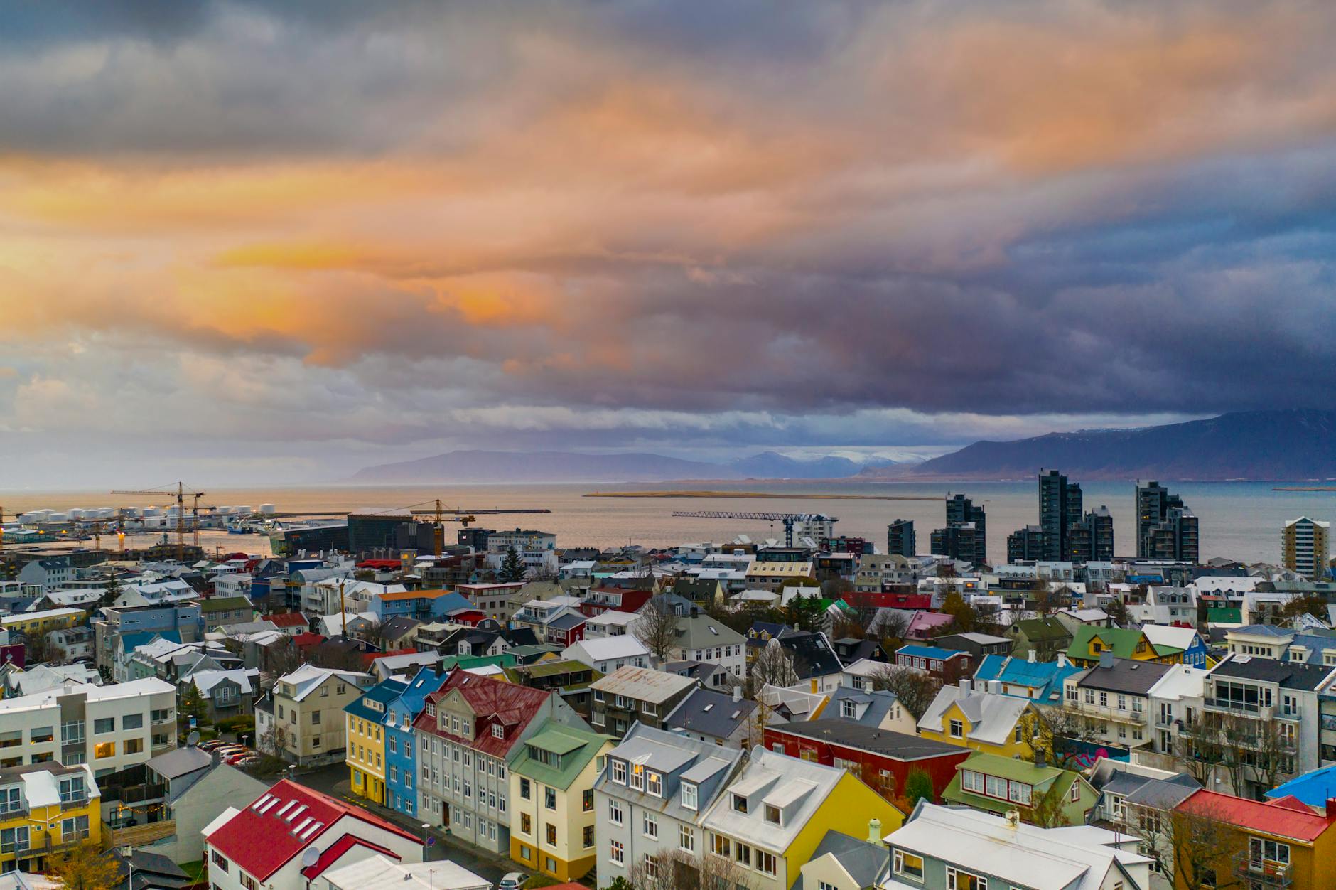 scenic aerial view of colorful reykjavik at sunset