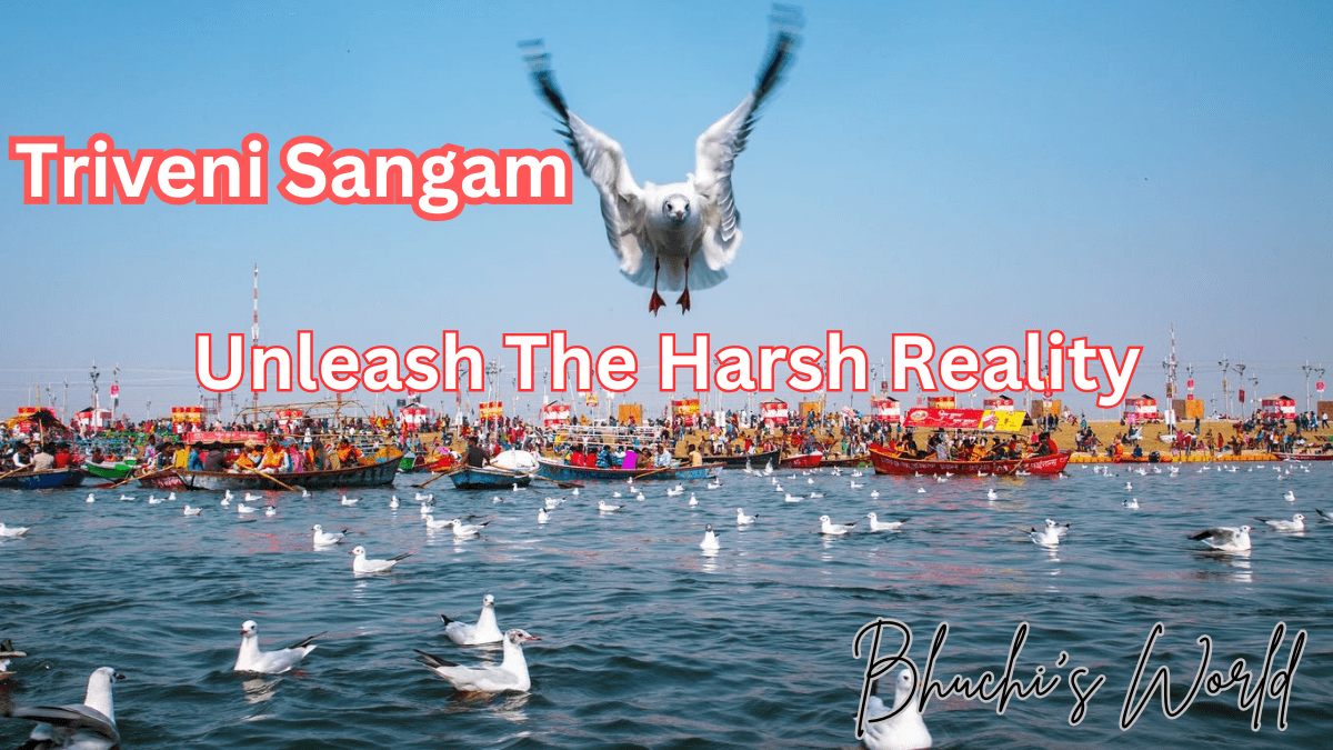 Triveni Sangam, the holy confluence of Ganga, Yamuna, and Saraswati rivers in Prayagraj.