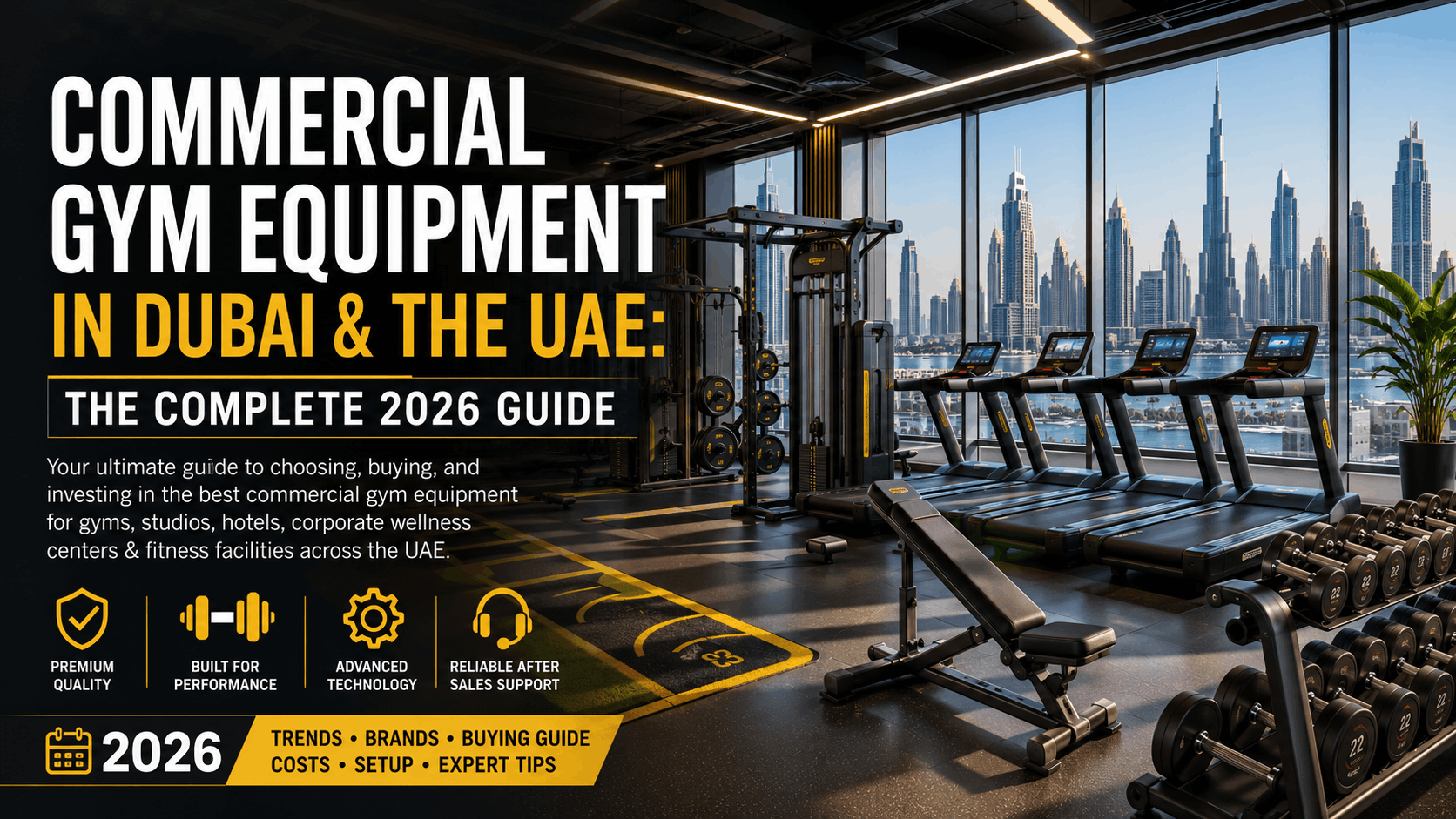 Modern gym with Dubai skyline